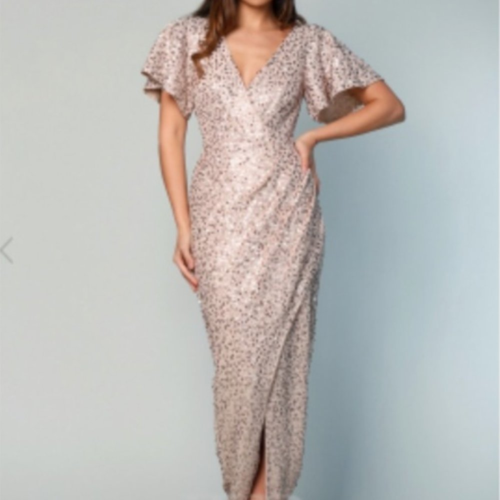 New with Tags NWT White Runway Champagne Sequin Drape Maxi